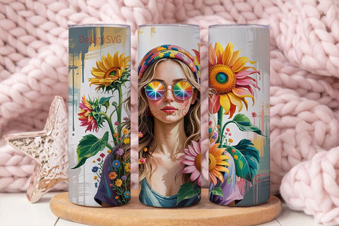 Boho Sunflower Girl 20oz Tumbler Wrap Sublimation DesignSVG 