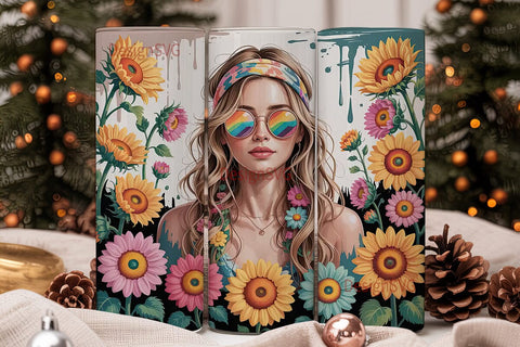 Boho Sunflower Girl 20oz Tumbler Wrap Sublimation DesignSVG 
