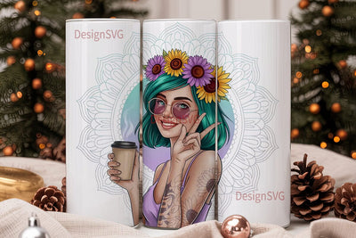 Boho Sunflower Girl 20oz Tumbler Wrap Sublimation DesignSVG 