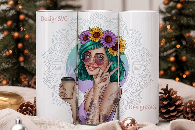 Boho Sunflower Girl 20oz Tumbler Wrap Sublimation DesignSVG 