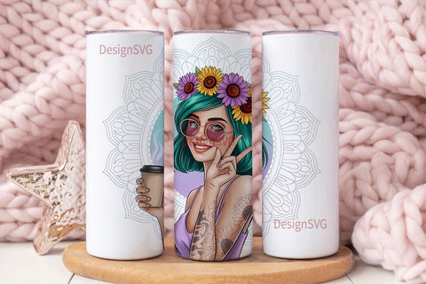 Boho Sunflower Girl 20oz Tumbler Wrap Sublimation DesignSVG 