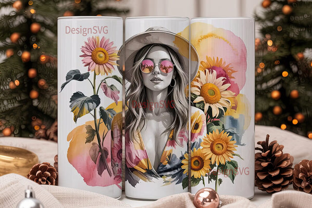 Boho Sunflower Girl 20oz Tumbler Wrap Sublimation DesignSVG 