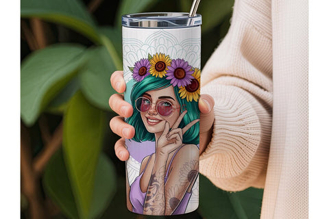 Boho Sunflower Girl 20oz Tumbler Wrap Sublimation DesignSVG 