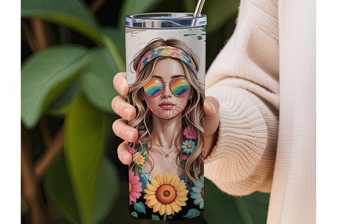 Boho Sunflower Girl 20oz Tumbler Wrap Sublimation DesignSVG 