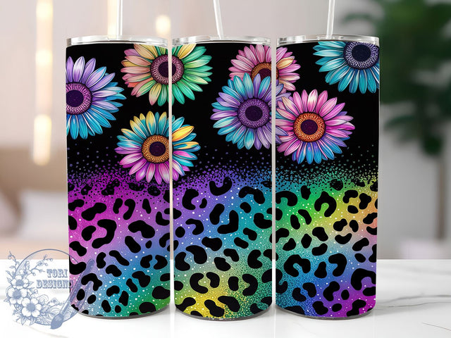 Boho Sunflower Leopard Tumbler Wrap, Leopard Print Tumbler, Glitter Sublimation Design, 20oz Skinny Tumbler Wrap, Wildflower Aesthetic Cup, Sassy Floral Wrap, Boho Tumbler Design Sublimation ToriDesigns 