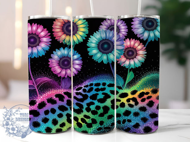 Boho Sunflower Leopard Tumbler Wrap, Leopard Print Tumbler, Glitter Sublimation Design, 20oz Skinny Tumbler Wrap, Wildflower Aesthetic Cup, Sassy Floral Wrap, Boho Tumbler Design Sublimation ToriDesigns 