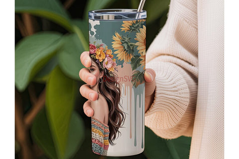 Boho Sunflower Woman 20oz Tumbler Wrap Sublimation DesignSVG 