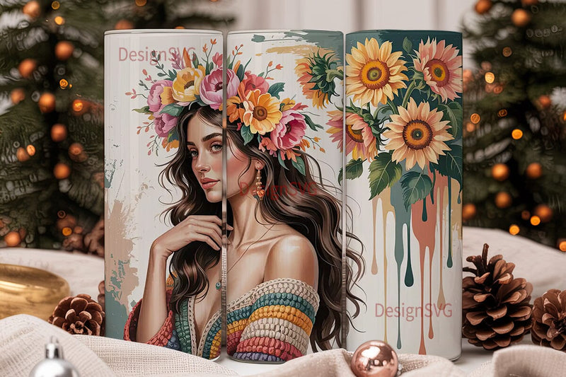 Boho Sunflower Woman 20oz Tumbler Wrap Sublimation DesignSVG 