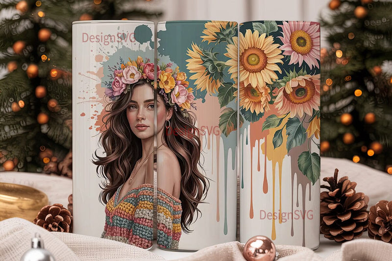 Boho Sunflower Woman 20oz Tumbler Wrap Sublimation DesignSVG 