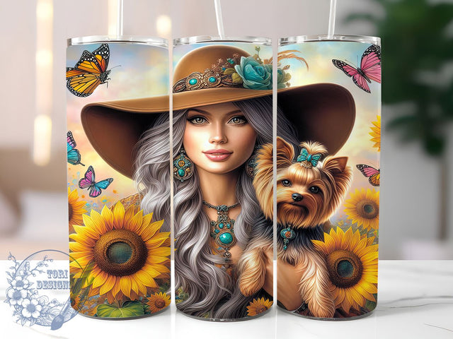 Boho Sunflower Yorkie Tumbler Wrap, Yorkie Dog Wrap, 20oz Sublimation Wrap, Floral Yorkshire Terrier Cup, Rustic Boho Tumbler, Dog Lover Gift, Western Sunflower Design Sublimation ToriDesigns 