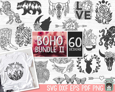 Boho SVG files Bundle, Flower Cow Skull SVG, Cactus svg, Wild Free svg files, Earth Day svg, Adventure png, floral moon wolf dreamcatcher svg SVG Wild Pilot 