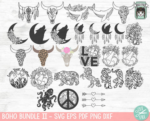 Boho SVG files Bundle, Flower Cow Skull SVG, Cactus svg, Wild Free svg files, Earth Day svg, Adventure png, floral moon wolf dreamcatcher svg SVG Wild Pilot 