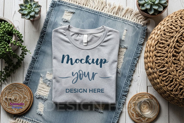 Boho T-Shirt Mock Up with Woven Basket Decor Mock Up Photo Sublimatiz Designs 