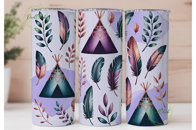 Boho Teepee & Feathers 20oz Tumbler Wrap Sublimation PixelChick 