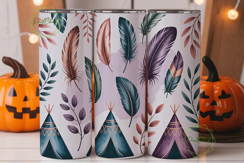 Boho Teepee & Feathers 20oz Tumbler Wrap Sublimation PixelChick 