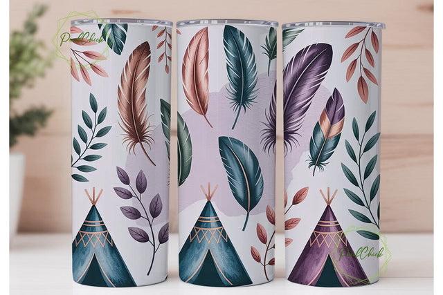 Boho Teepee & Feathers 20oz Tumbler Wrap Sublimation PixelChick 
