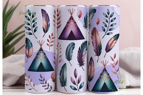 Boho Teepee & Feathers 20oz Tumbler Wrap Sublimation PixelChick 