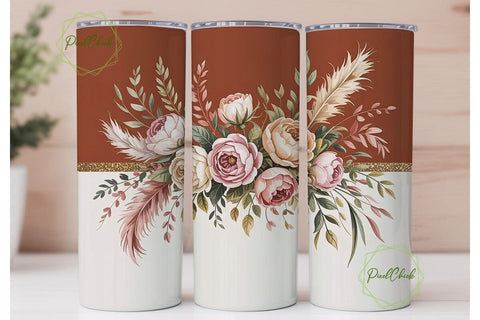 Boho Terracotta Floral Tumbler Wrap PNG Sublimation PixelChick 