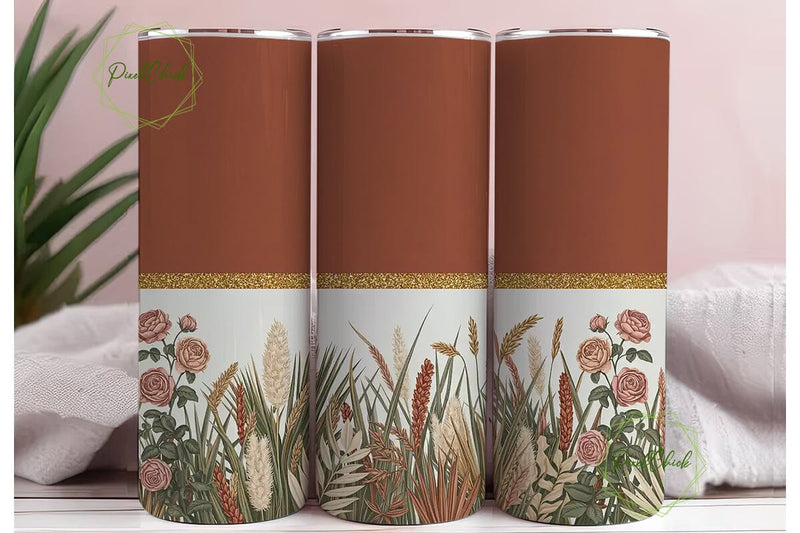 Boho Terracotta Floral Tumbler Wrap PNG Sublimation PixelChick 