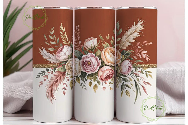 Boho Terracotta Floral Tumbler Wrap PNG Sublimation PixelChick 