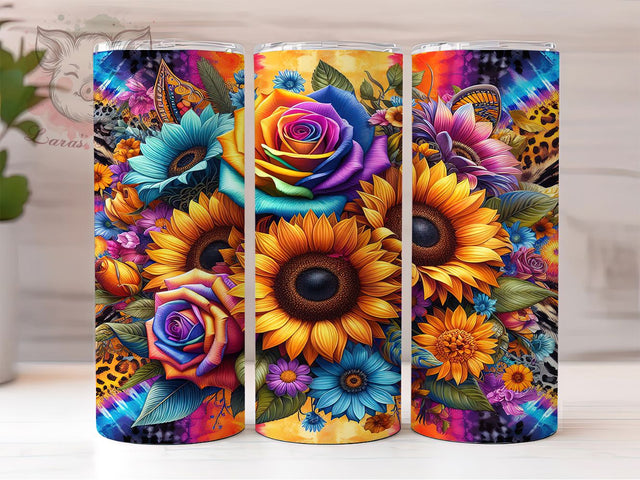 Boho Tie Dye Sunflower Leopard Tumbler, Tie Dye Tumbler Wrap, 20oz Sublimation Tumbler, Boho Sunflower Tumbler, Colorful Leopard Tumbler, Floral Animal Print Tumbler Sublimation Lara' s Designs 