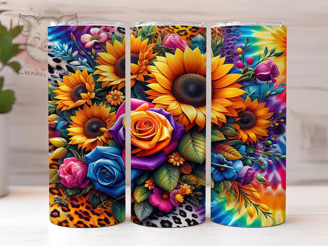 Boho Tie Dye Sunflower Leopard Tumbler, Tie Dye Tumbler Wrap, 20oz Sublimation Tumbler, Boho Sunflower Tumbler, Colorful Leopard Tumbler, Floral Animal Print Tumbler Sublimation Lara' s Designs 