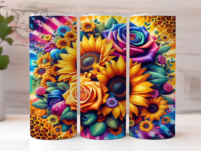 Boho Tie Dye Sunflower Leopard Tumbler, Tie Dye Tumbler Wrap, 20oz Sublimation Tumbler, Boho Sunflower Tumbler, Colorful Leopard Tumbler, Floral Animal Print Tumbler Sublimation Lara' s Designs 