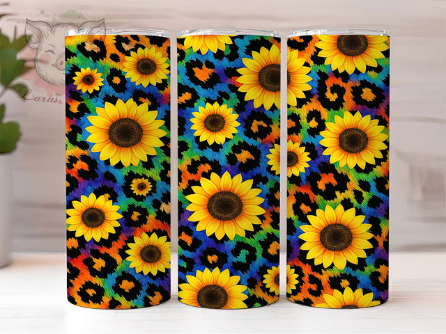 Boho Tie Dye Sunflower Leopard Wrap, Hippie Leopard Print, Colorful Animal Pattern, Summer Tumbler Wrap, Floral Leopard Template, Rainbow Tie Dye, Trendy Sunflower Pattern Sublimation Lara' s Designs 