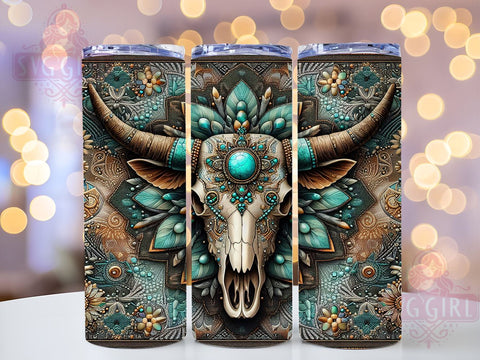 Boho Tumbler, Highland Cow Skull, 20oz Drinkware, PNG Design, Western Decor, Rustic Gift, Farmhouse Style, Unique Tumbler Sublimation SvggirlplusArt 