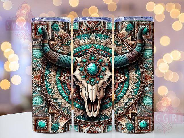 Boho Tumbler, Highland Cow Skull, 20oz Drinkware, PNG Design, Western Decor, Rustic Gift, Farmhouse Style, Unique Tumbler Sublimation SvggirlplusArt 