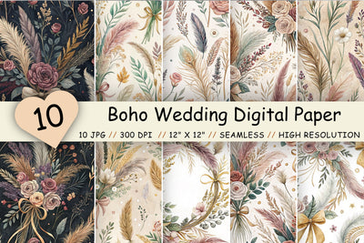 Boho Wedding Digital Paper Pack, Seamless Watercolor Floral Bundle Pack, Printable Scrapbook Paper, Rustic Bridal Design Collection Digital Pattern FloridPrintables 