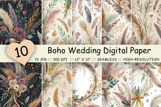 Boho Wedding Digital Paper Pack, Seamless Watercolor Floral Bundle Pack, Printable Scrapbook Paper, Rustic Bridal Design Collection Digital Pattern FloridPrintables 