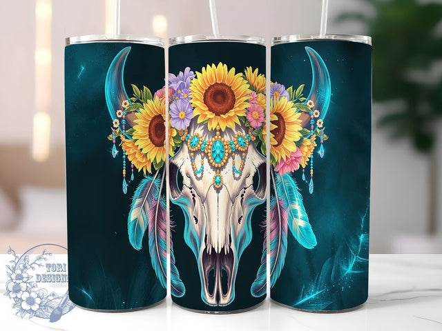 Boho Western Bull Skull Tumbler, Western Boho, Bull Skull Tumbler, 20oz Tumbler Wrap, Sublimation Design, Skinny Tumbler Png, Instant Download Sublimation ToriDesigns 