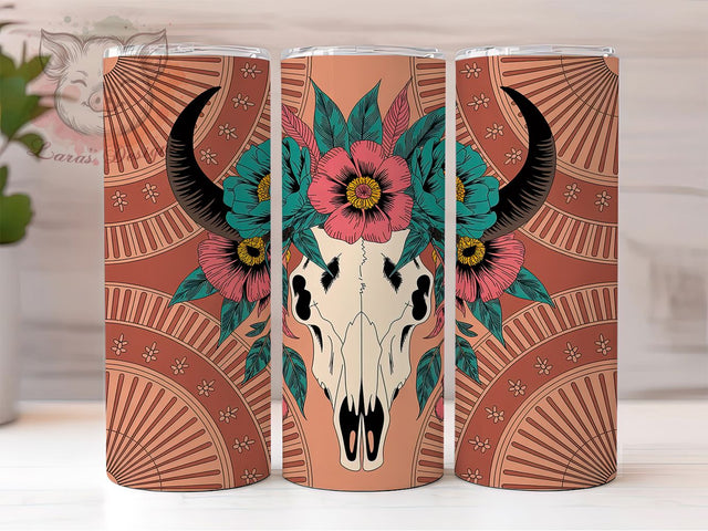 Boho Western Bull Skull Tumbler Wrap, Floral Skull Tumbler, Rustic Country Sublimation, Boho Western Cup, Bull Skull Drinkware, Cowboy Rustic Mug, Southwestern Skull Digital Sublimation Lara' s Designs 