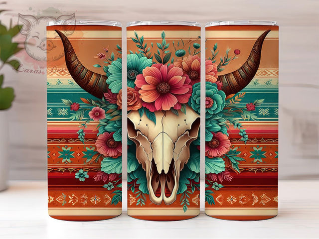 Boho Western Bull Skull Tumbler Wrap, Floral Skull Tumbler, Rustic Country Sublimation, Boho Western Cup, Bull Skull Drinkware, Cowboy Rustic Mug, Southwestern Skull Digital Sublimation Lara' s Designs 