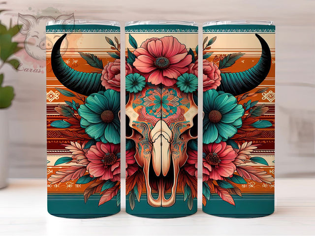 Boho Western Bull Skull Tumbler Wrap, Floral Skull Tumbler, Rustic Country Sublimation, Boho Western Cup, Bull Skull Drinkware, Cowboy Rustic Mug, Southwestern Skull Digital Sublimation Lara' s Designs 