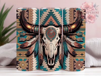 Boho Western Cow Skull 20oz Tumbler, Western Skull, Bull Skull Design, Curved Horns, Bronze Gold Bands, Skinny Tumbler, Sublimation PNG Sublimation Li Zamperini 