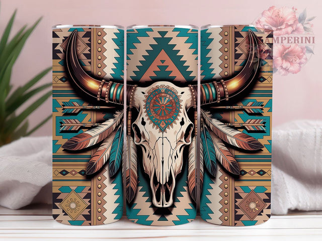 Boho Western Cow Skull 20oz Tumbler, Western Skull, Bull Skull Design, Curved Horns, Bronze Gold Bands, Skinny Tumbler, Sublimation PNG Sublimation Li Zamperini 