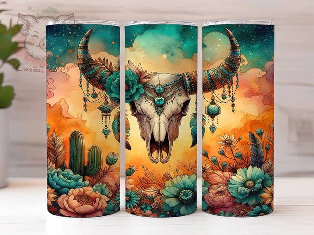 Boho Western Cow Skull Tumbler, Cow Skull Tumbler Wrap, 20oz Sublimation Wrap, Desert Aesthetic Tumbler, Southwestern Tumbler PNG, Rustic Western Tumbler, Digital Download Tumbler Sublimation Lara' s Designs 