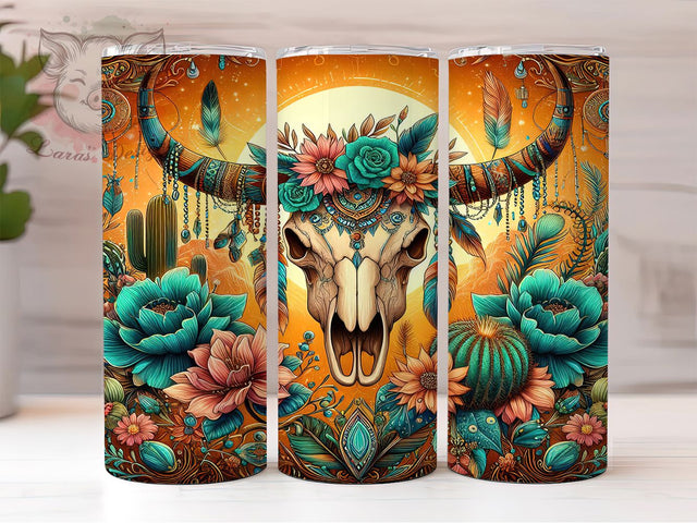 Boho Western Cow Skull Tumbler, Cow Skull Tumbler Wrap, 20oz Sublimation Wrap, Desert Aesthetic Tumbler, Southwestern Tumbler PNG, Rustic Western Tumbler, Digital Download Tumbler Sublimation Lara' s Designs 
