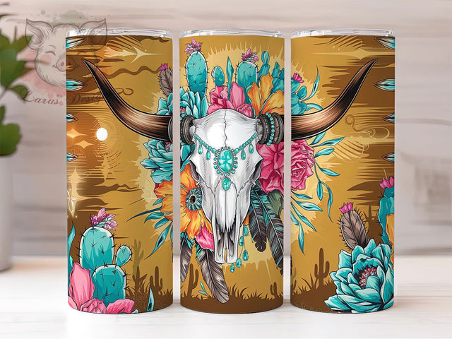 Boho Western Cow Skull Tumbler, Cow Skull Tumbler Wrap, 20oz Sublimation Wrap, Desert Aesthetic Tumbler, Southwestern Tumbler PNG, Rustic Western Tumbler, Digital Download Tumbler Sublimation Lara' s Designs 