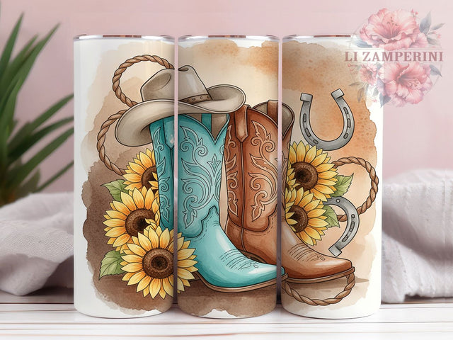 Boho Western Cowboy Boots Tumbler, Boho Western Pattern, Rustic Country Design, 20Oz Sublimation Wrap, Western Chic Art, Desert Rustic Texture, Tumbler Sublimation Sublimation Li Zamperini 