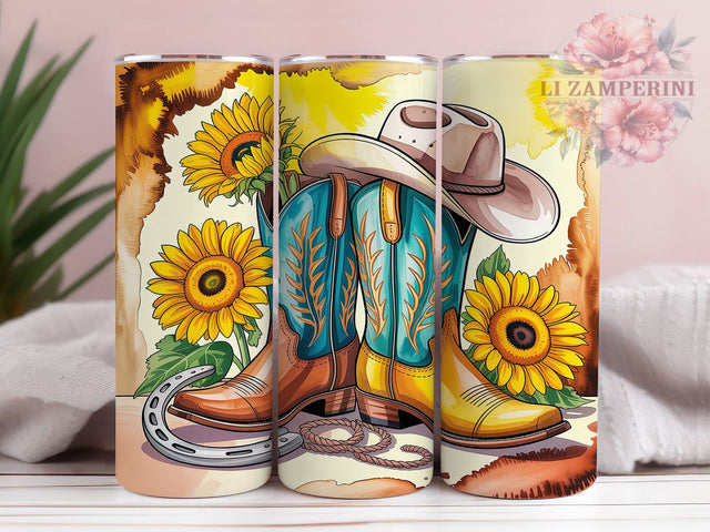 Boho Western Cowboy Boots Tumbler, Boho Western Pattern, Rustic Country Design, 20Oz Sublimation Wrap, Western Chic Art, Desert Rustic Texture, Tumbler Sublimation Sublimation Li Zamperini 