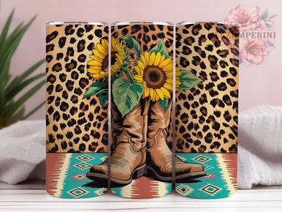 Boho Western Cowgirl Boot Tumbler, Boho Cowgirl Cup, Tribal Boot Design, Sunflower Western Gift, Animal Print Boot, Country Style Tumbler, Southwest Pattern Sublimation Li Zamperini 