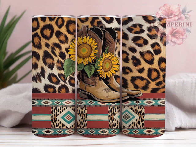 Boho Western Cowgirl Boot Tumbler, Boho Cowgirl Cup, Tribal Boot Design, Sunflower Western Gift, Animal Print Boot, Country Style Tumbler, Southwest Pattern Sublimation Li Zamperini 