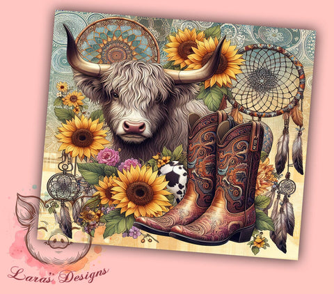 Boho Western Highland Cow 20oz Tumbler Png, Straight & Tapered Tumbler Png, Highland Cow Tumbler Png, Digital Download PNG Sublimation Lara' s Designs 