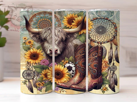 Boho Western Highland Cow 20oz Tumbler Png, Straight & Tapered Tumbler Png, Highland Cow Tumbler Png, Digital Download PNG Sublimation Lara' s Designs 