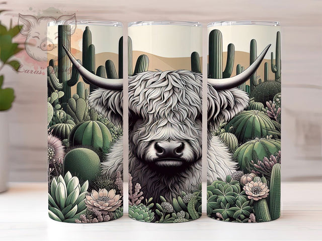 Boho Western Highland Cow Tumbler, Boho Desert Pattern, Rustic Cactus Design, 20Oz Sublimation Wrap, Artistic Cow Art, Western Boho Texture, Tumbler Sublimation Sublimation Lara' s Designs 