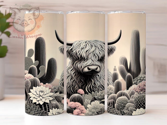 Boho Western Highland Cow Tumbler, Boho Desert Pattern, Rustic Cactus Design, 20Oz Sublimation Wrap, Artistic Cow Art, Western Boho Texture, Tumbler Sublimation Sublimation Lara' s Designs 