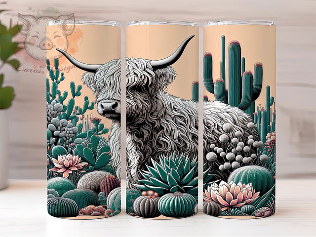 Boho Western Highland Cow Tumbler, Boho Desert Pattern, Rustic Cactus Design, 20Oz Sublimation Wrap, Artistic Cow Art, Western Boho Texture, Tumbler Sublimation Sublimation Lara' s Designs 